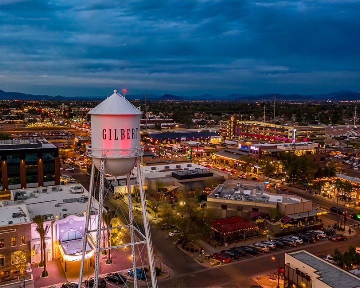 Scottsdale, Arizona water tower adorned in the warm hues of dusk.
