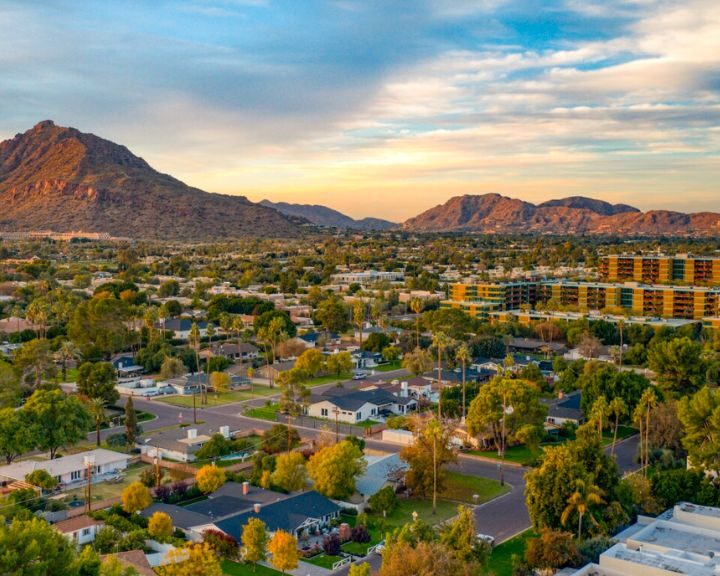 An aerial view of the city of Scottsdale, Arizona featuring concrete sidewalks and driveways.