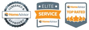 A home service badge featuring the logos of elite home service and concrete contractors.